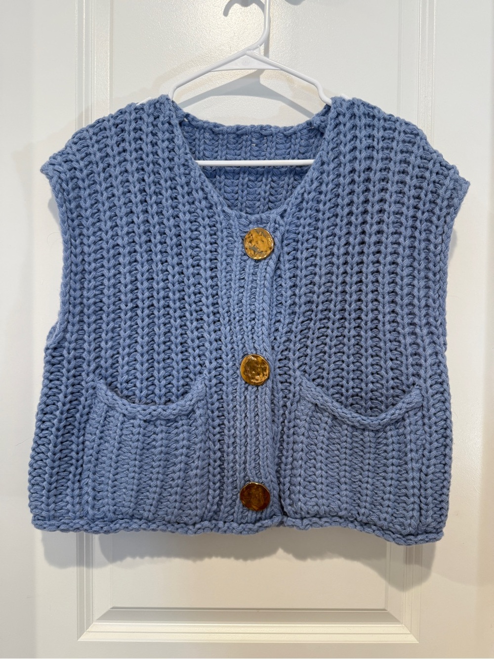 Chunky Knit Blue Button-Front Sweater Vest